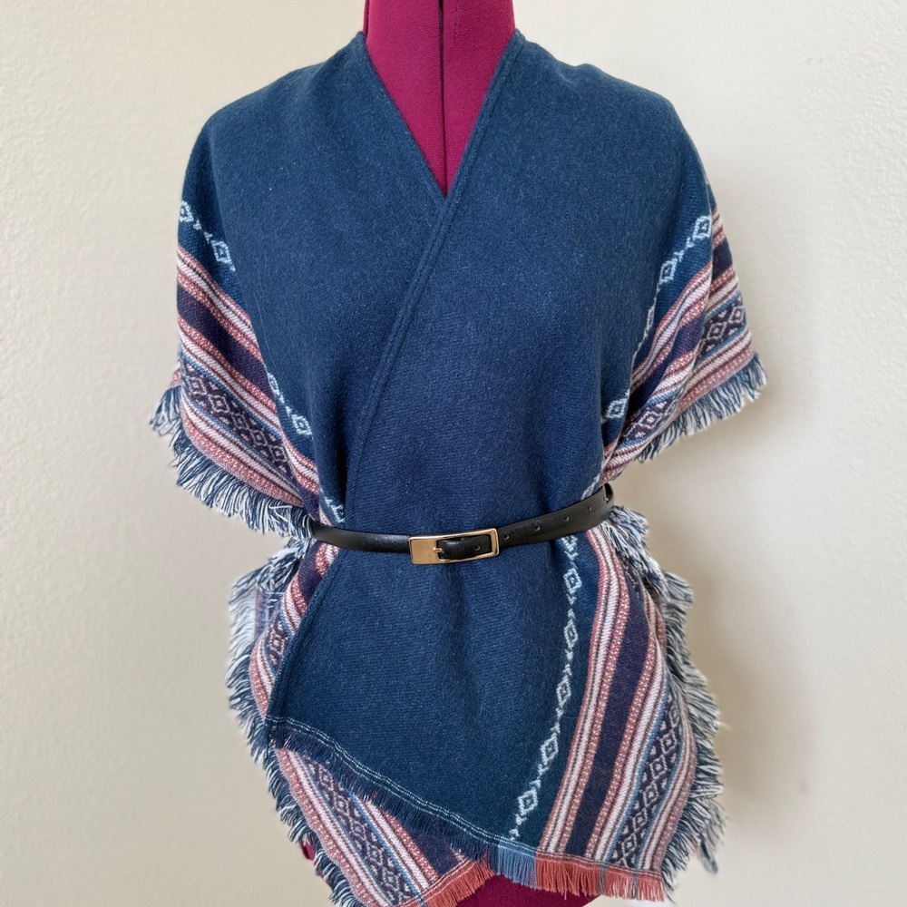 Women's Blue Patterned Sweater Poncho NWOT  - belt not included